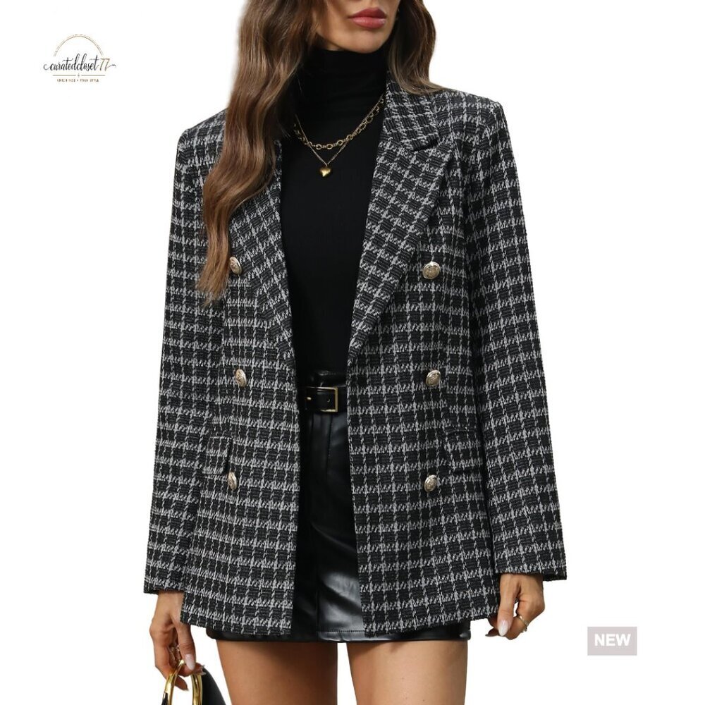 Oversized Plaid Tweed Blazer, Boyfriend Style Double Breasted Casual Jacket